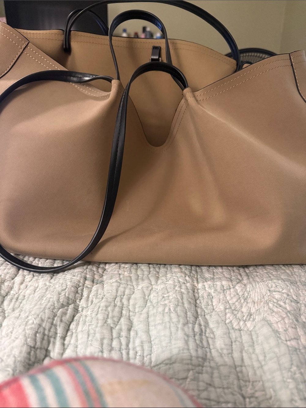Structured Tan Tote with Black Handles